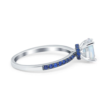 Oval Art Deco Engagement Ring Side Stone Sapphire Lab Created White Opal 925 Sterling Silver